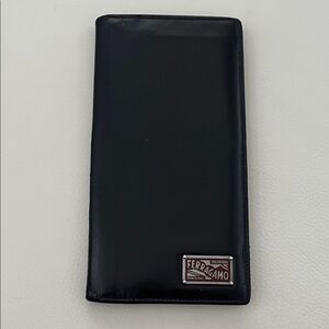 Salvatore Ferragamo Black Leather Card Holder Wallet with Maroon Interior Unisex